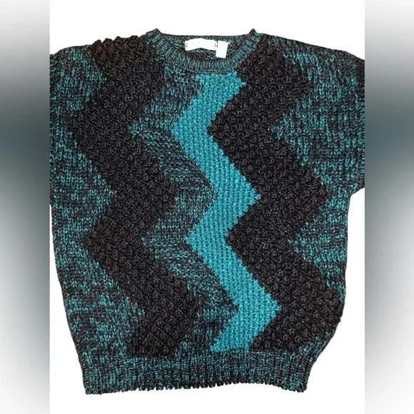 Vintage 80s Saturdays Teal & Black Geometric Knit Sweater - Size L - Picture 4 of 4